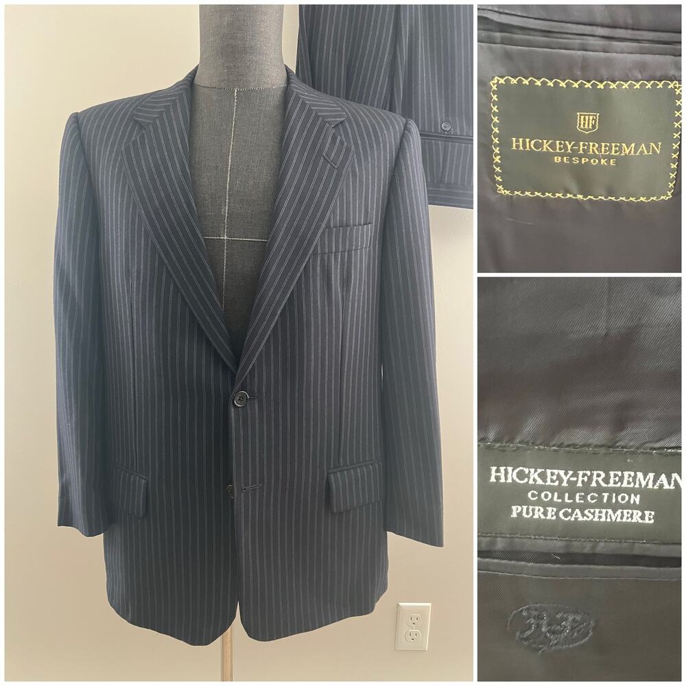 Hickey Freeman Bespoke Cashmere 2 Piece Suit Dark Gray Pinstripe 2 Button 40R JP